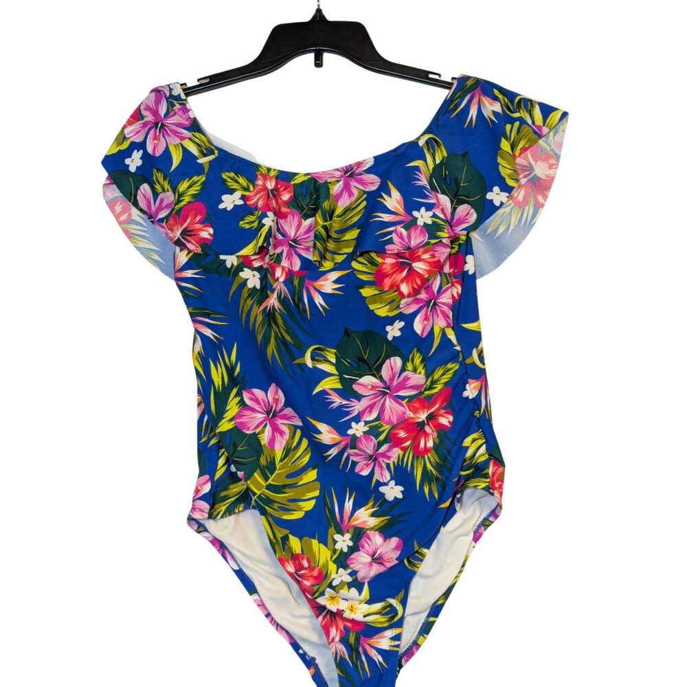 Kona Sol Off-The-Shoulder Floral One-Piece Swimsuit With Flounce Sleeves & Tropi